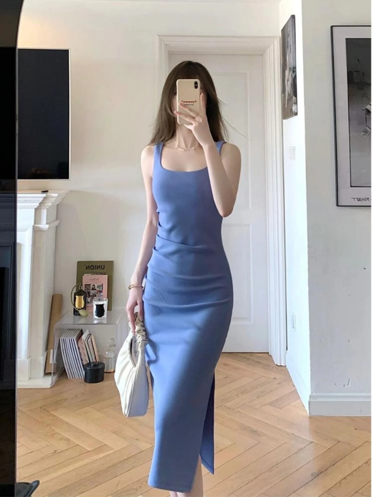 Vestido Lencero Blanco con Cinturón, Estilo Coreano, Ajustado, con Abertura en la Espalda, para Verano, de Poliéster, Ideal para el Trabajo