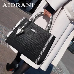 Aidrani Trendy Large Capacity Portable WOMEN'S Bag, Made of Cowhide Material, Black, with Stone Texture and Snake Pattern Design