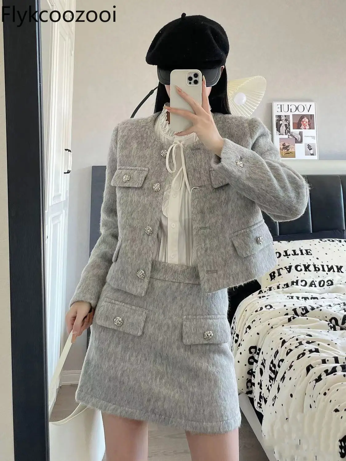 Grey Woolen Elegant Short Skirt 2024 Autumn and Winter New Fashion All-matching Temperament Coat Commit Two-piece Set