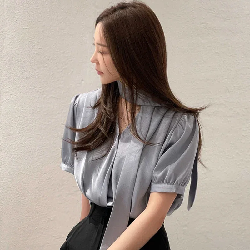 

French Elegant Stand Neck Blouse Women Ribbon Scarf Design Loose Blusas Summer Solid Short Puff Sleeve Shirt Top Woman