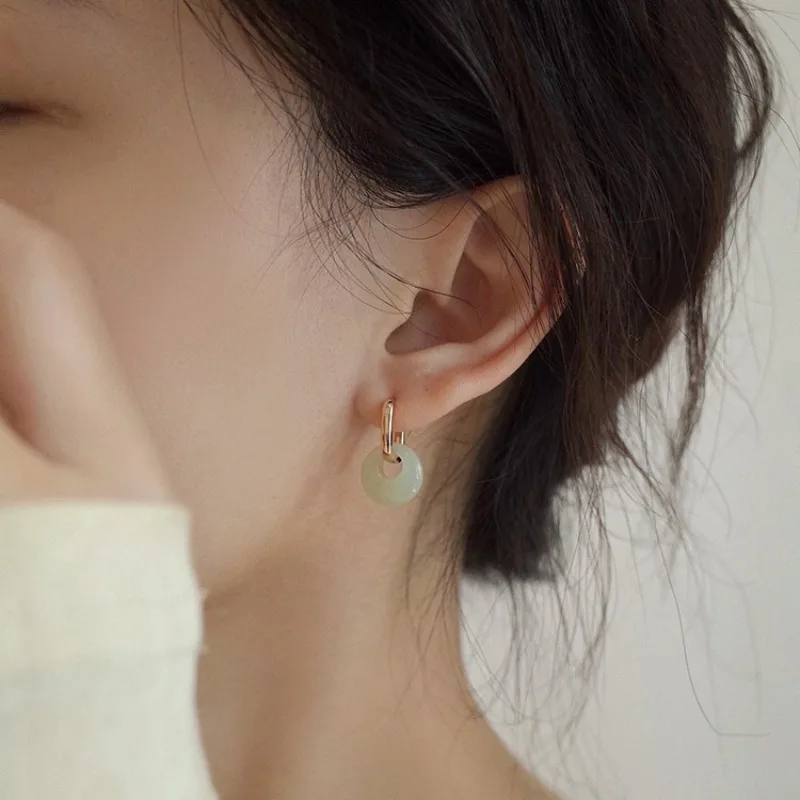 

Sterling Silver Jade Drop Earring for Women Zircon Round Classic Grace Ethnic Jewelry Anniversary Gift