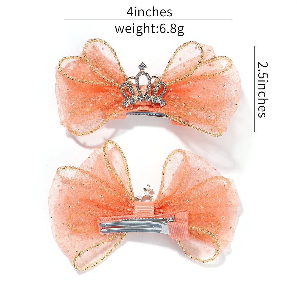 2pcs Hair Clip Girls Lovely Organza Bow Hairpins Kids Barrettes Zircon Crown Hair Ornaments Children Princess Hair Accessories