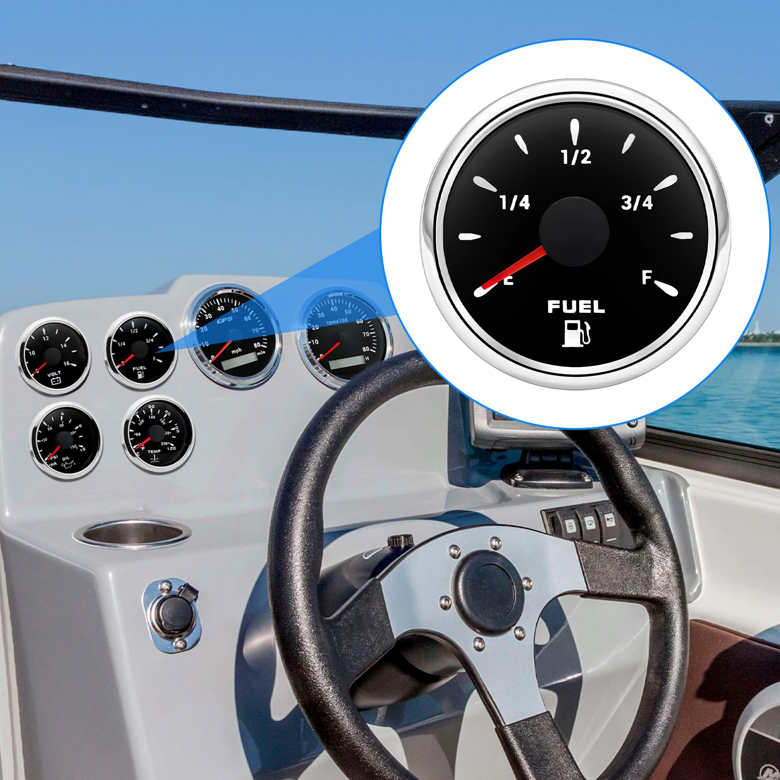 0-190 Ohm Fuel Level Gauge 52mm Car Gauge with Fuel Level Sensor 100mm-550mm 7 Colors Backlight for Marine Boat