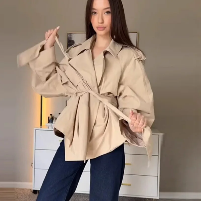 Gabardina superior de primavera/verano para mujer, solapa con lazo, elegante, nuevo, cómodo, suelto, diseño informal, moda, nicho avanzado, versátil