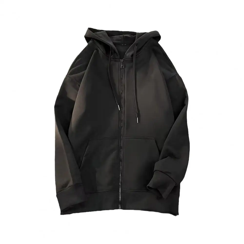 

Men Hoodie Hoodie Zip-up Cardigan with Drawstring Loose Fit Pockets American Style Mid Length Sport