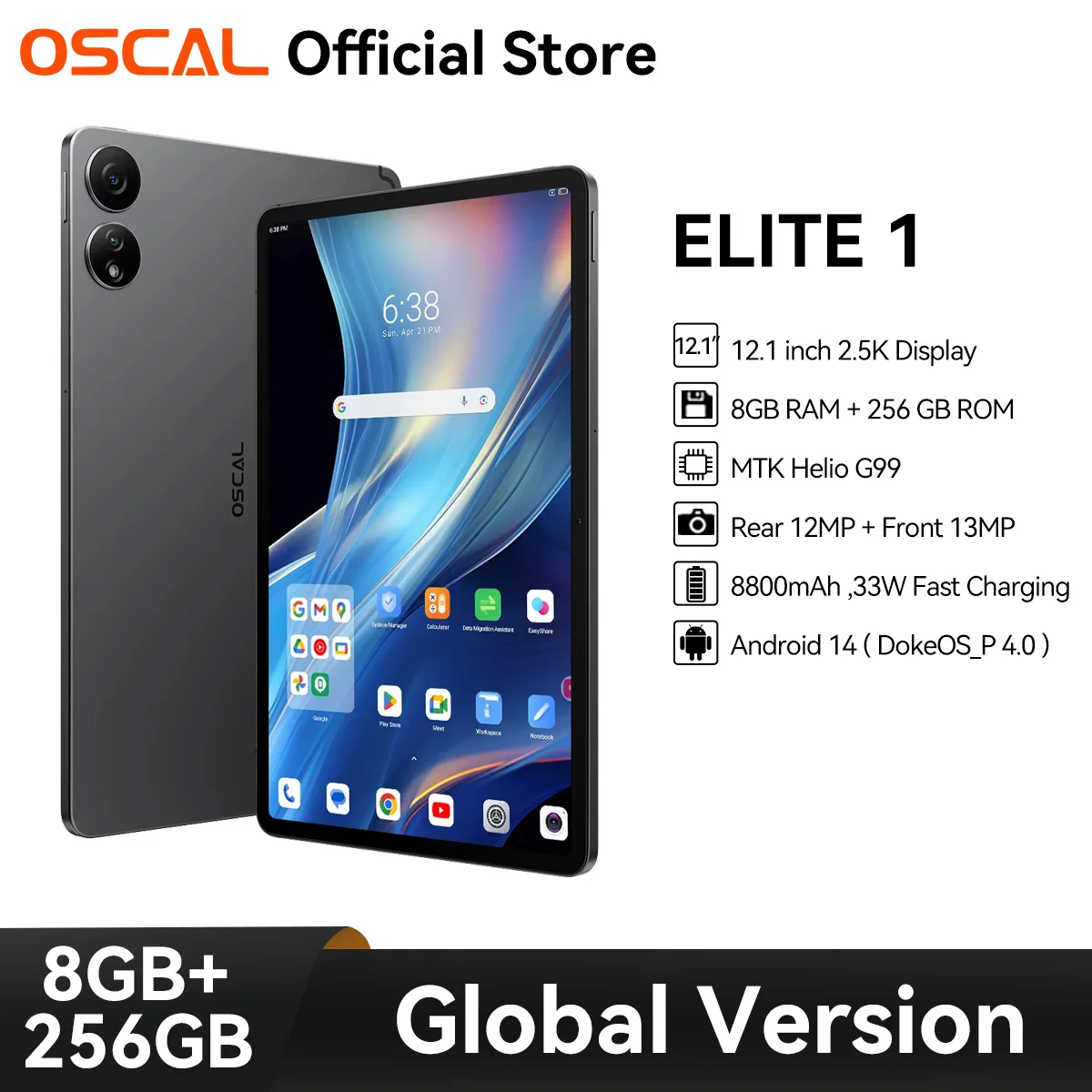 2024 OSCAL ELITE 1 تابلت أندرويد 14 Blackview 12.1 بوصة 2.5K عرض MTK Helio G99 8GB 256GB 8800mAh بطارية 33W شحن سريع