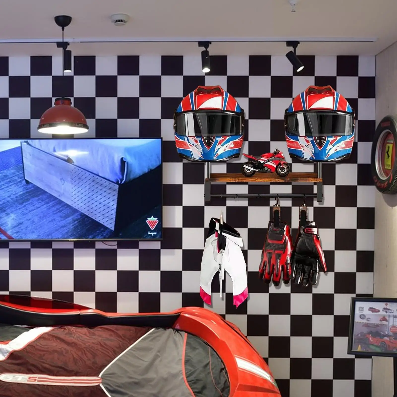 

Деревянная стойка для мотоциклетного шлема, настенная стойка, крючок для перчаток, вешалка для куртки, полка-органайзер для мотоциклетного снаряжения