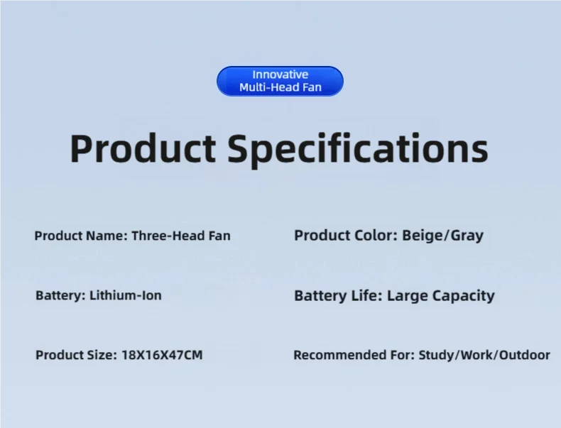 TINSOL 2026 New Portable USB Rechargeable Three-Head Fan – 360° Circulation, 5-Speed Wind, Dormitory and Outdoor Desktop Fan