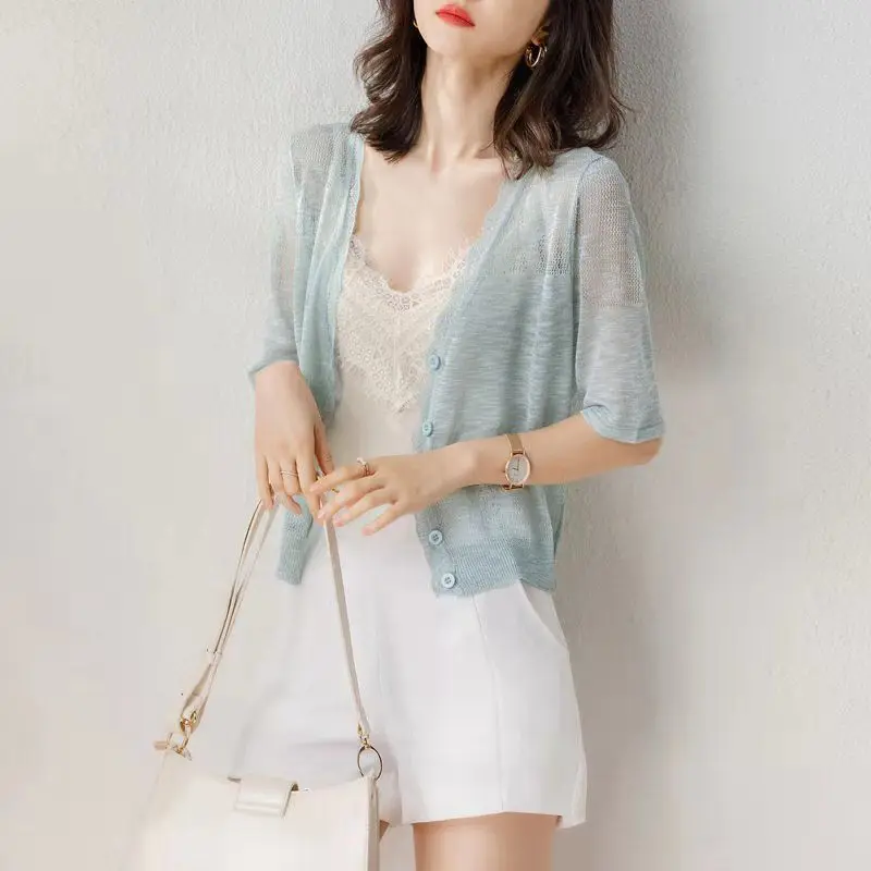 Ice Silk Knitted Cardigan, Sun Protection Cardigan, Thin Coat, Small Money Coat, Outside, Temperament, Versatile, New