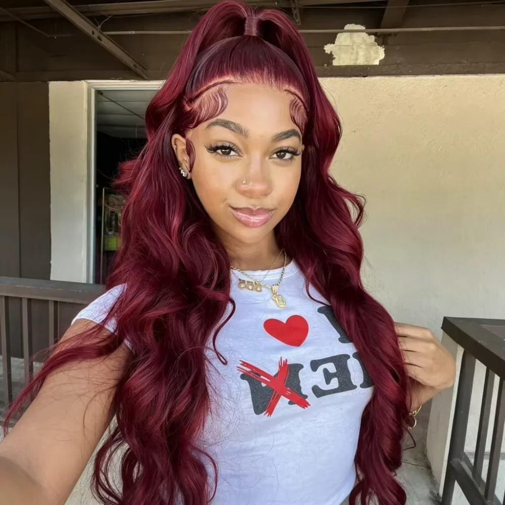 99J Human Hair Wigs Wine Red 40 Inches Long-length 200% High Density Body Wave Human Hair Wig 99J Burgundy 13X6 Hd Lace Frontal Wig 220 Density Red Colored Lace Front Wig Brazilian Wigs 30 36 Inch
