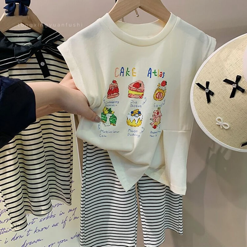 Girls Summer 2-piece Set Korean Children's New Casual Cartoon Print Cotton Sleeveless T-shirt Striped Wide Leg Pants Set