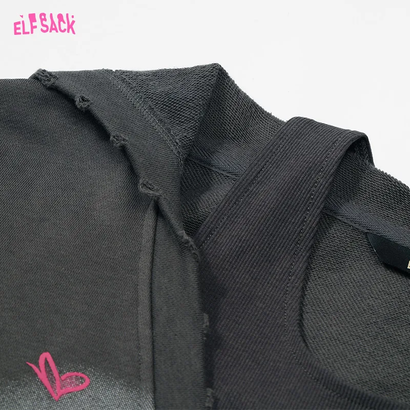 2024 Autumn ELFSACK New Arrivals Gray Bowknot Printed Loose American V-Neck Mid-Length Hooded Sweatshirt for Women