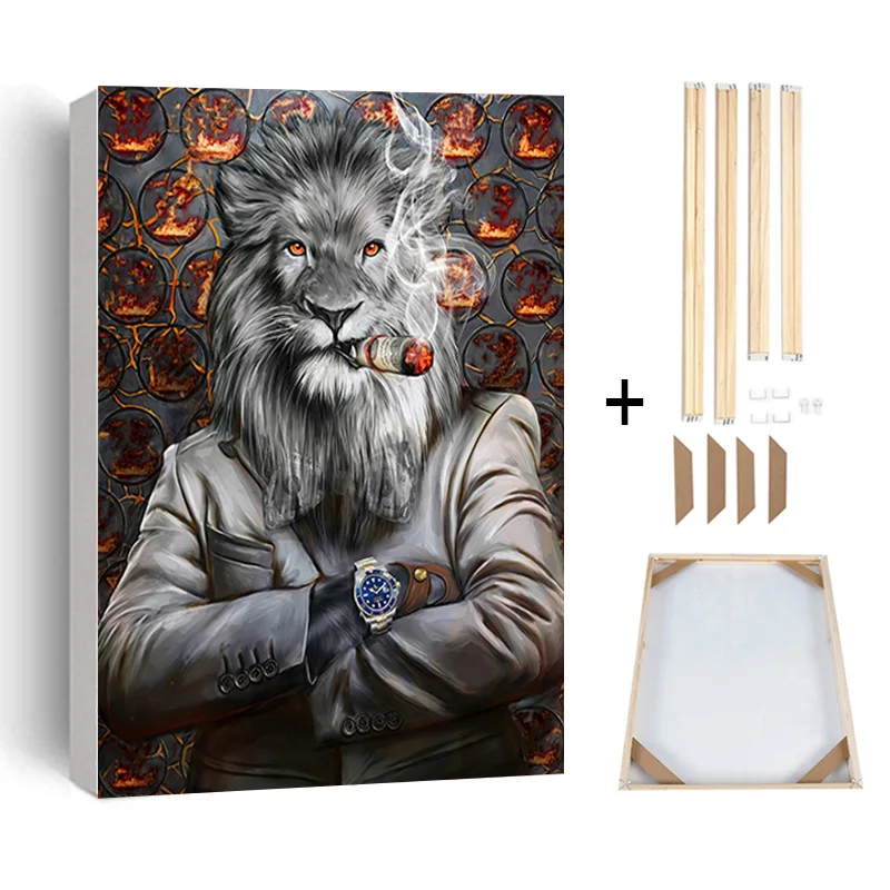 Canvas Painting with Frame The Rich Businessman Mr Lion King Smoking Dollar Cigarette Luxury Animal Wall Art Picture Home Decor