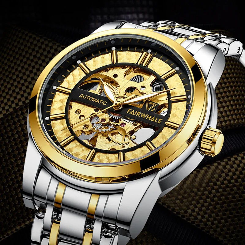 

Mark Fairwhale Men's Fully Automatic Hollow Mechanical Watch Waterproof Stainless Steel Fashion Skeleton Design Gift Watch