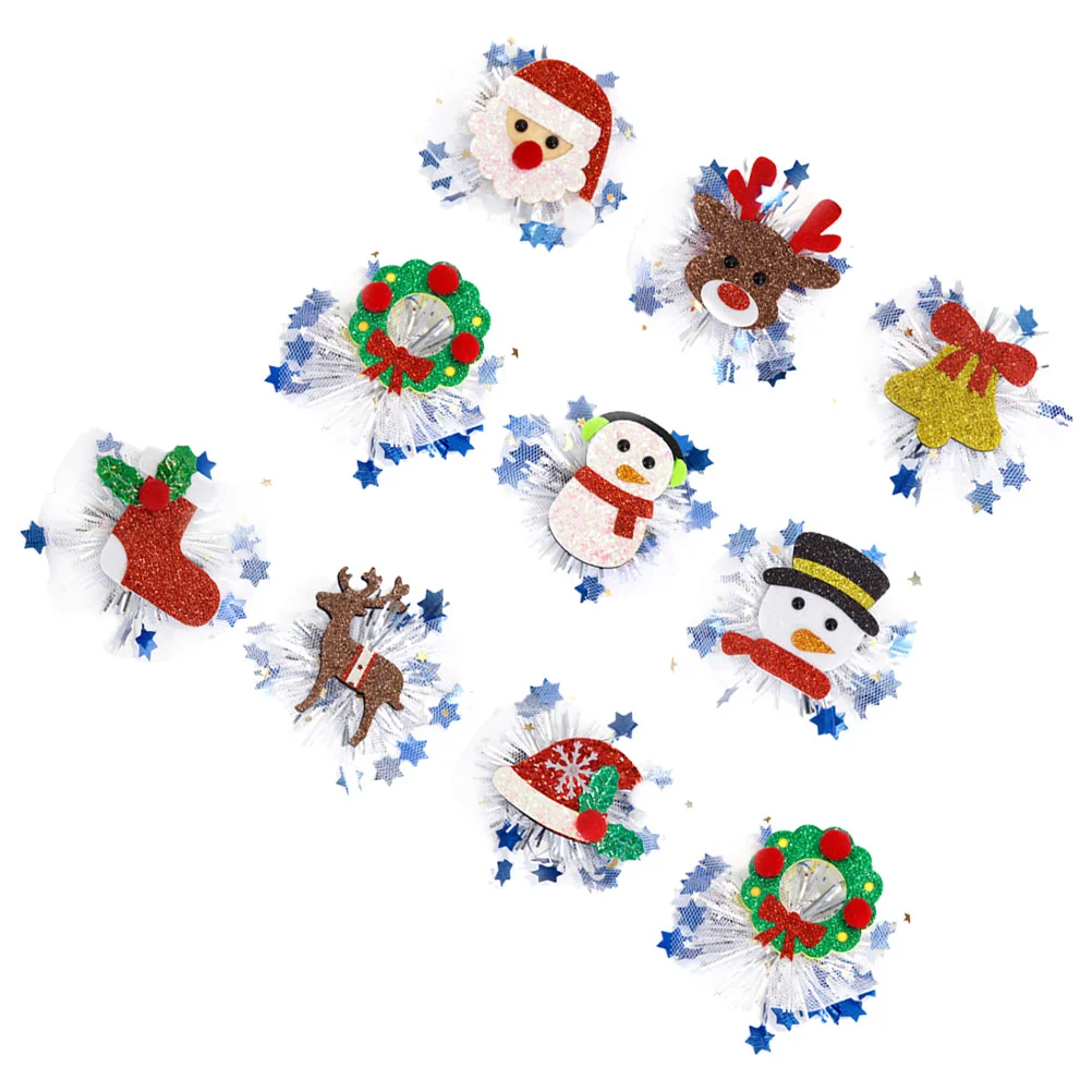 

10 Pcs Christmas Hairpin Headdress Children's Party Decoration Elk Snowman Mesh Edge Clip Barrettes For Girls Xmas