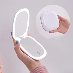 Compact LED Magnifying Travel Makeup Mirror 1X/10X Small Hand Pocket Dimmable 2-Sided USB Rechargeable Touch Screen Portable