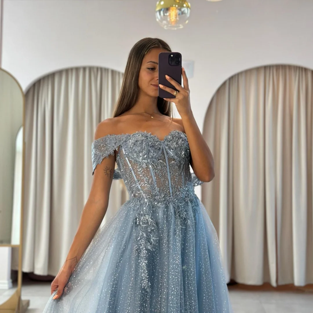 Jessica Gray Blue Prom Dresses Glitter Tulle Evening Dress Fairy Party Dress Formal Occasions Wedding Dress 2024 Customized