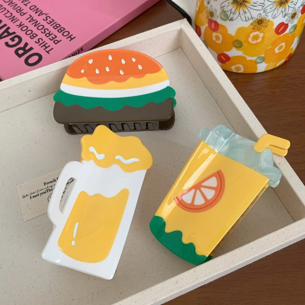 2024 New Cartoon Hamburger Hair Claws Cute Acetate Orange Juice Hair Clips Summer Beer Cup Shark Hair Accessories for Women