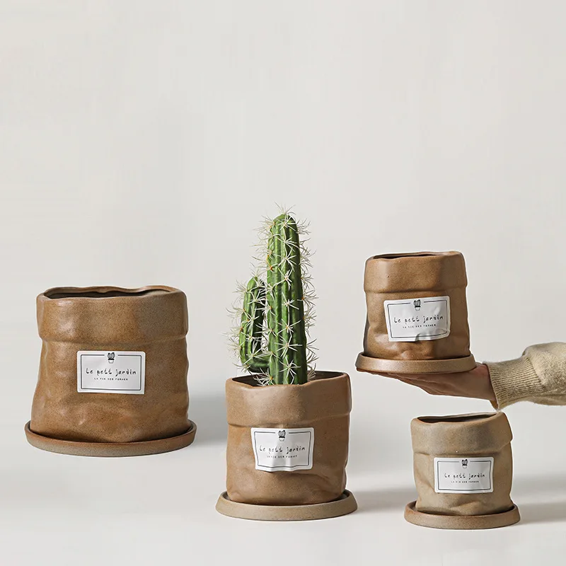 Succulent Cloth Bag Ceramic Small Flower Pot Simple Wind Kraft Paper Bag Cactus Office Plain Embryo Flower Pot