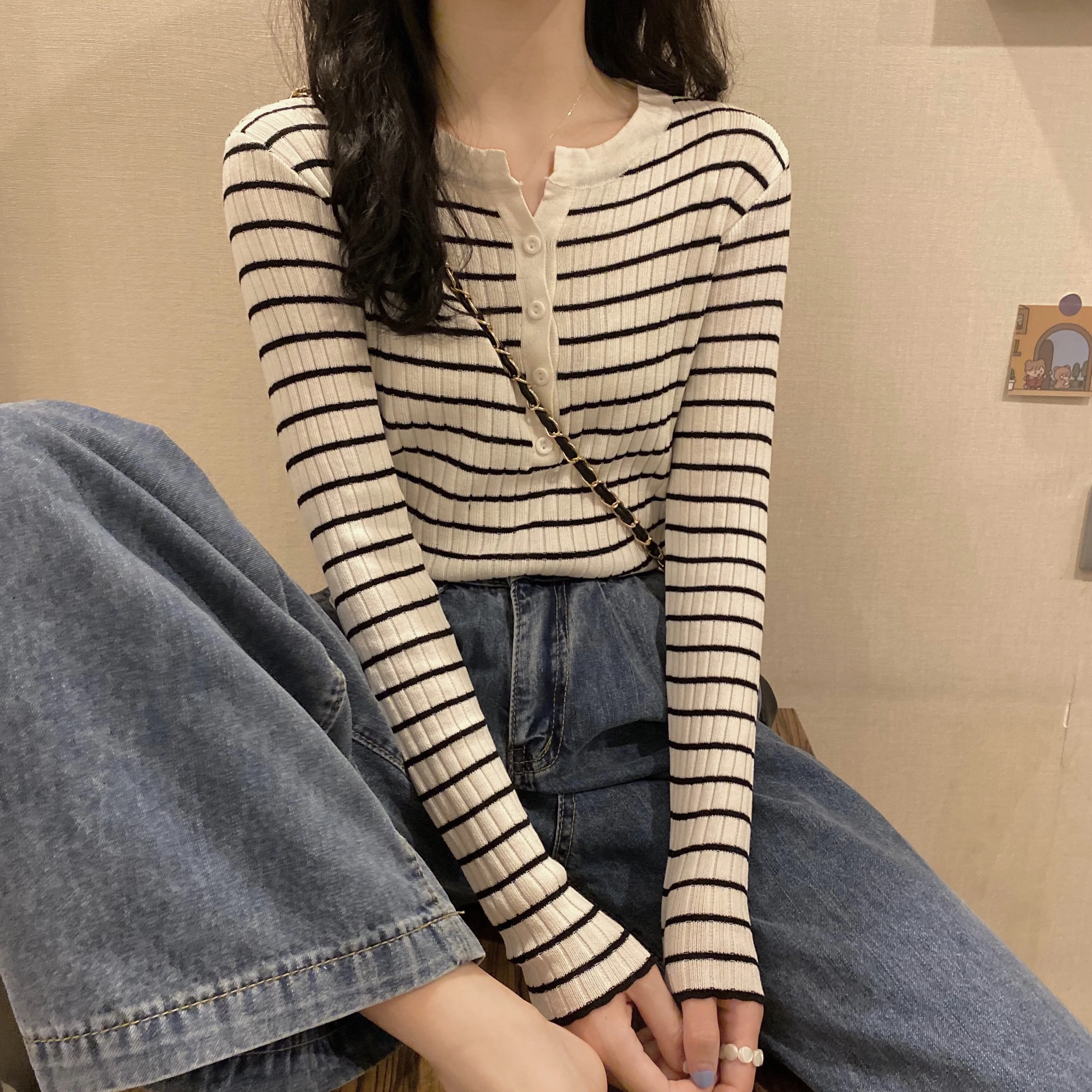 

Women Striped Knitted Sweaters Spring Long Sleeve Slim Thin Knitting Tops Buttons Casual Pullover Bottoming Sweater