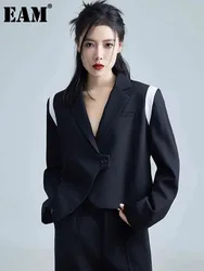 [EAM] Women Black Color-block Short Big Size Blazer New Lapel Long Sleeve Loose Fit Jacket Fashion Spring Autumn 2024 1DH1991