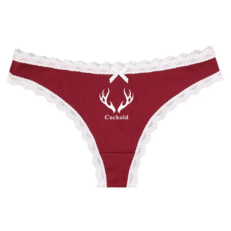 Antler Cuckold Women\'s Thong Temptation Wine Red Lace Edge Beautiful Bow Low Waist Panties String Femme G String Lingerie Sexy