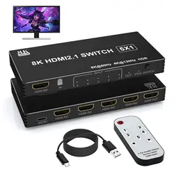 8K HDMI Switch 5 in 1 Out HDMI  2.1 Splitter - 8K@60Hz/4K@120Hz HDMI Switcher 5 Port with IR Remote for Xbox PS5 PS4 PC TV