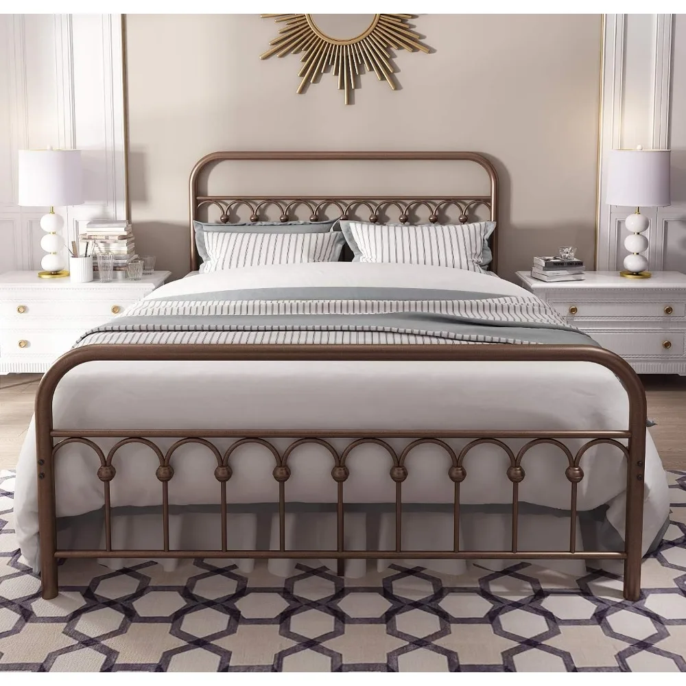 Vintage Sturdy Queen Size Metal Bed Frame with Headboard and Footboard Basic Bed Frame No Box Spring Needed，Antique Brown.