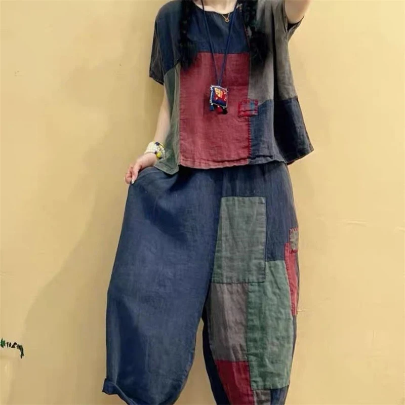 Brand Women's Cotton Linen round Neck Short Sleeve T-shirt Patched Vintage Two-piece Set Fashionable Summer Workwear