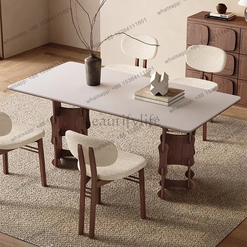 Mid-Century Solid Wood Dining Table Rectangular High-end Small Household Nordic White Slate Dining Table and Chairs