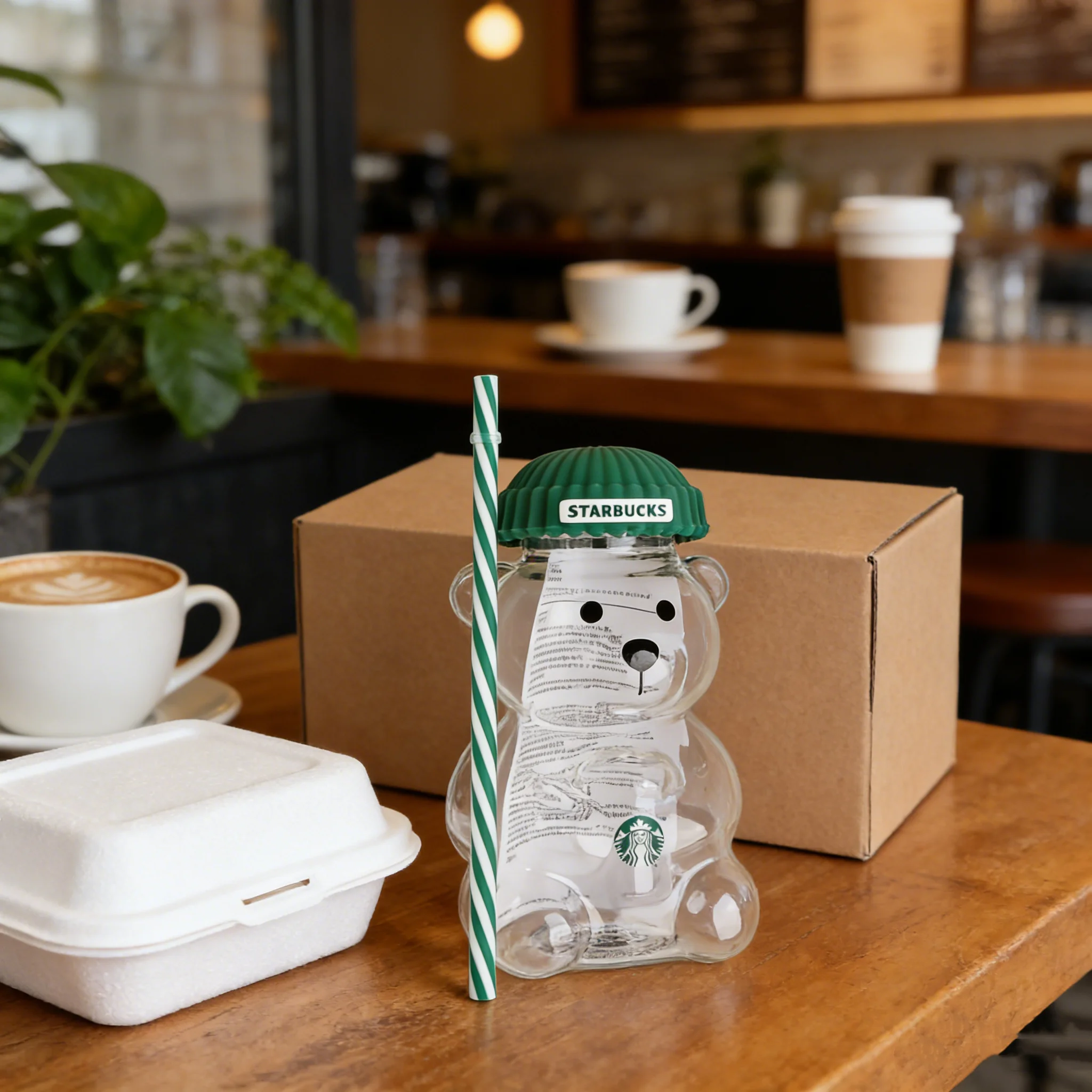 Café Gift Starbucks Bearista Bear Clear Glass Tumbler 591ml Green Lid Straw Iced Coffee