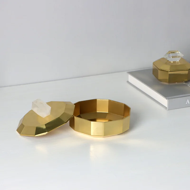 Copper crystal gold metal jewelry box with lid, modern light luxury model room desktop decoration storage box ornament