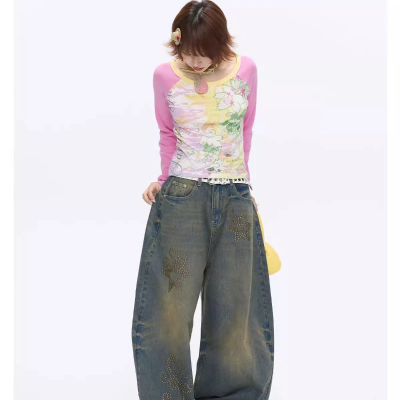 Autumn New Yellow Pink Splicing Round Neck Women's Bottoming Shirt Japanese Design Slimming Versatile Long Sleeve T-Shirt Ladies