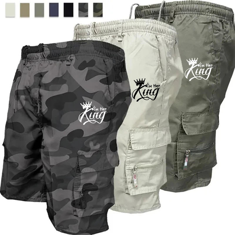 Calça casual de camuflagem masculina, shorts esportivos largas com cordão, shorts de caminhada grandes, roupas de escritório, curto para praia, verão