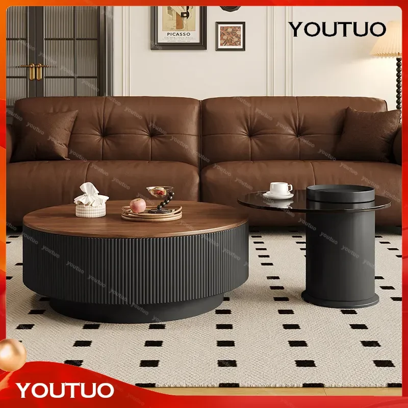  Medieval Walnut Pattern Round Coffee Table Set Living Room Light Luxury Storage Glass Top Solid Wood Edge Home Furniture