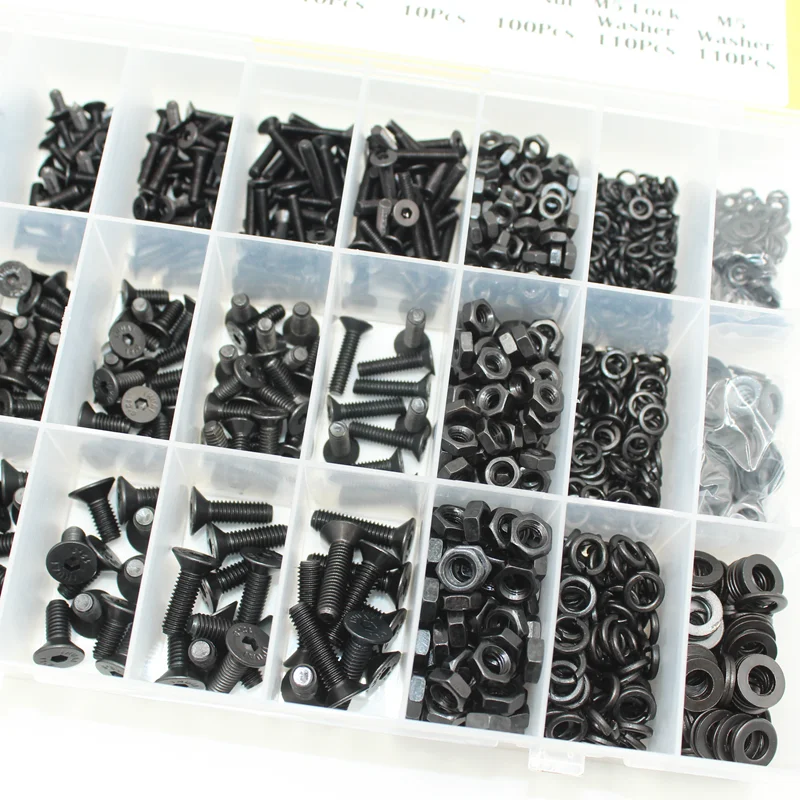 up to 3045/2545p M2 M2.5 M3 M4 M5 M6 M8 Hex Socket Flat Head Allen Screw Assortment Kit with Nut Washer and Hex Key Carbon Steel