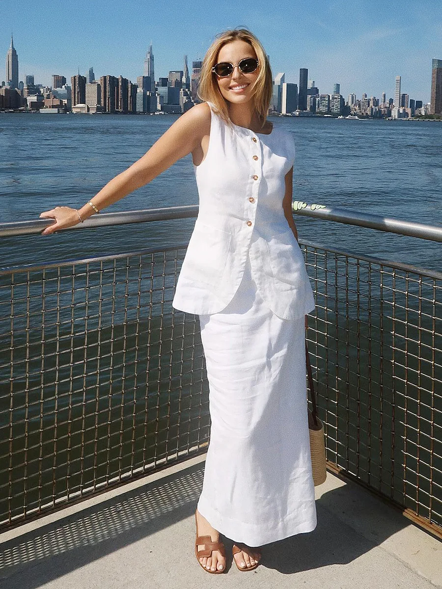 

EINY Chic Cotton Linen Long Skirt Set Women Elegant Sleeveless Single Breasted Vest Top Back Split Maxi Skirts Lady 2 Piece Suit