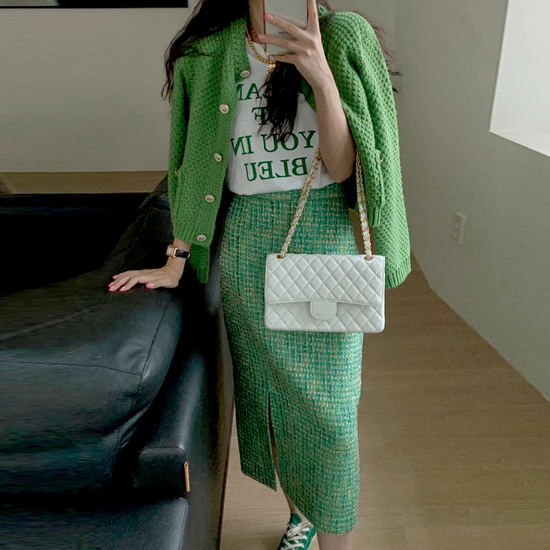 Sweet Loose 2 Piece Set Party Women Clothing Chic Single-breasted Knit Jacket + Tweed Skirt Suit 2023 Winter Autumn X470