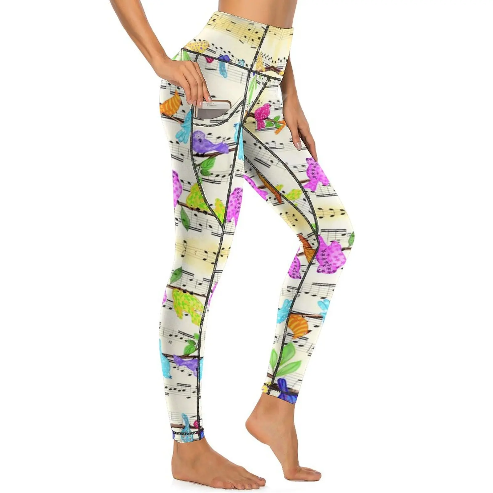 Musical Pássaro Stretchy Yoga Leggings com Bolsos, Calças de Treino, Cintura Alta Sports Meias, Design Novidade, Sexy, Colorido, Animal