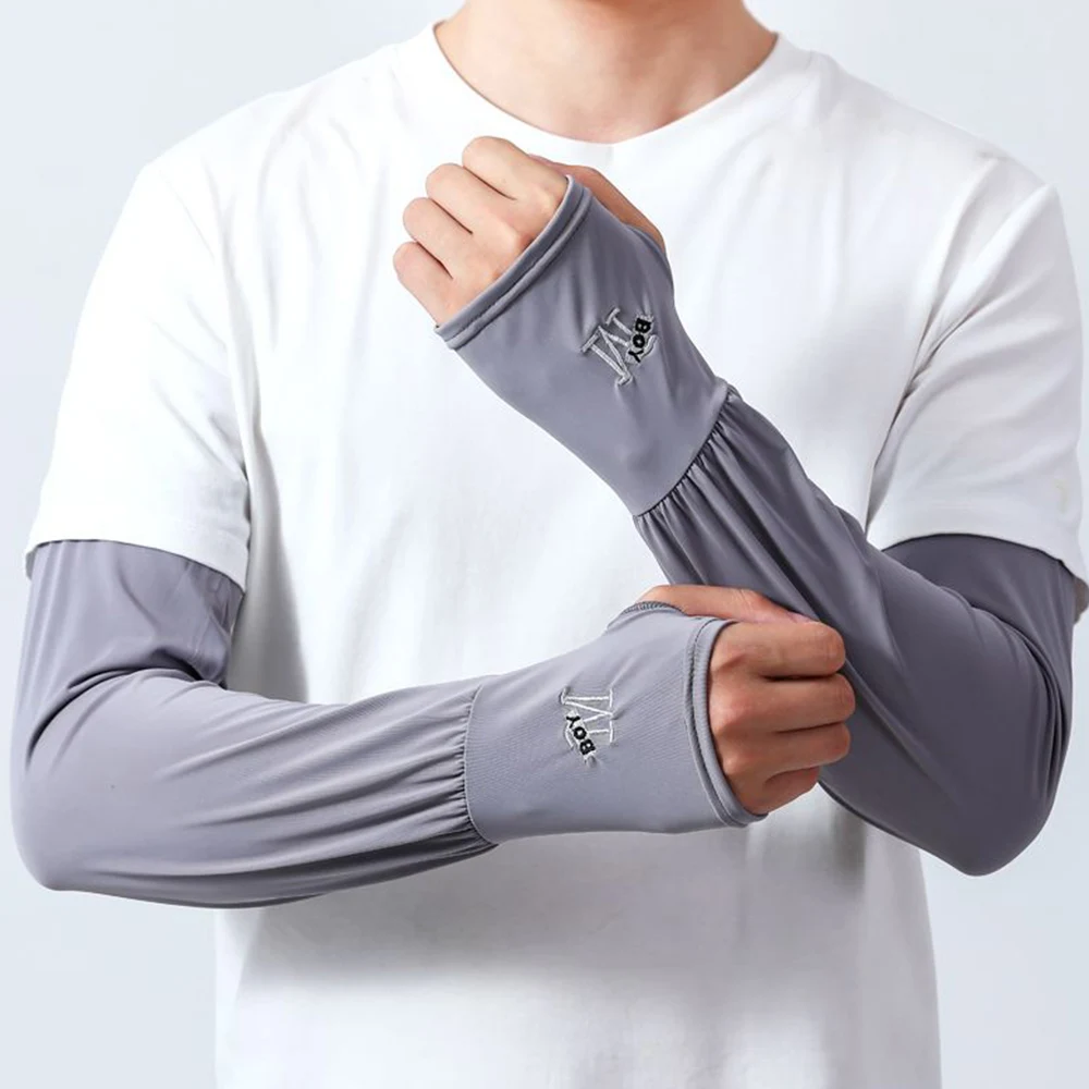 Mangas de brazo de seda de hielo para hombre y mujer, protector solar para ciclismo, manga elástica de longitud larga, protección UV, talla grande, Verano