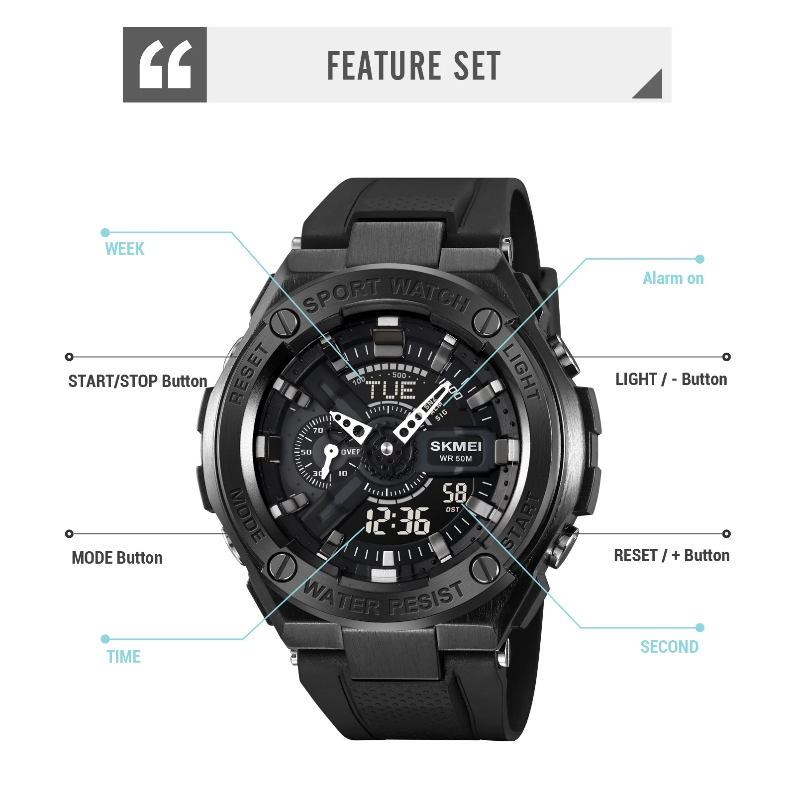 SKMEI Relojes Para Hombres رجل ساعة رياضية رقمية للرجال رجالي 5Bar مقاوم للماء ساعة توقيت 4 أجهزة إنذار التوقيت العالمي ساعات المعصم على مدار الساعة #5