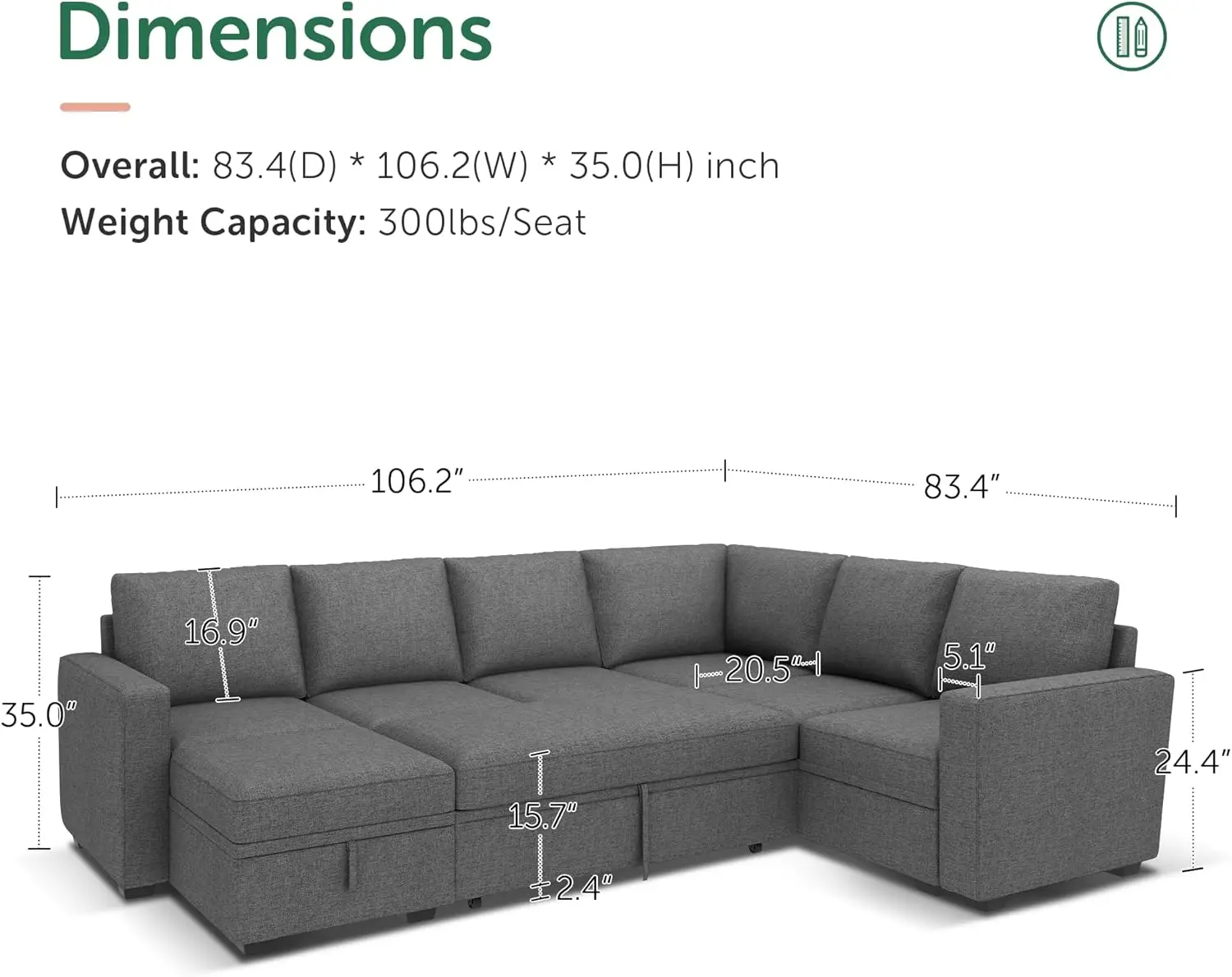 

Modular Sectional Sleeper Sofa with Pull Out Bed, U Shaped Sectional Couch