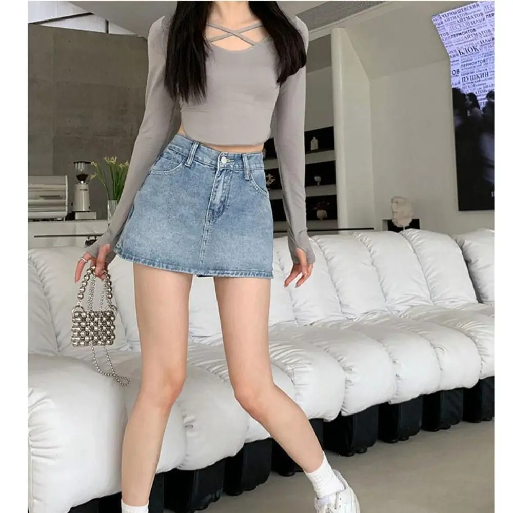 

Classic High Waist Jean Skirt A-Line Stretchy Denim Skirts Casual Retro Mini Skirt Summer