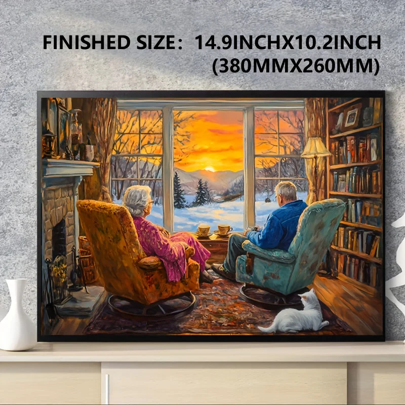 Mini puzzle da 1000 pezzi - Winter Hearth Harmony Art 38x26 cm, scena accogliente del soggiorno con coppia di anziani e gatti