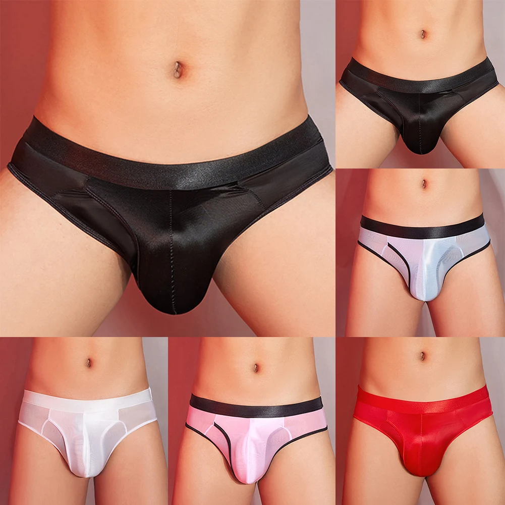 Men Sexy Briefs Low Waist Underwear Oil Glossy Shorts Bulge Pouch Polyester Fabric Multiple Color Choices