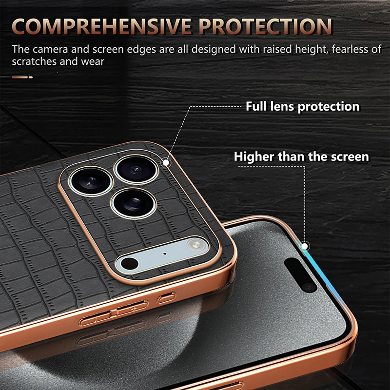 Retro Crocodile Pattern PU Leather Case For iPhone 17 Air 16 16e 15 14 13 12 11 Pro Max 16 Plus Plating Gold PC Frame Cover