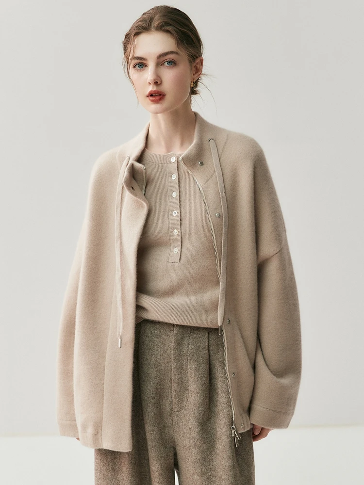 ADDONEE Damski Gruby Kardigan z Golfem Jesienno-Zimowy Sweter Płaszcz ze 100% Kaszmiru Luźny Rozpinany Kardigan z Kaszmiru na Zamek