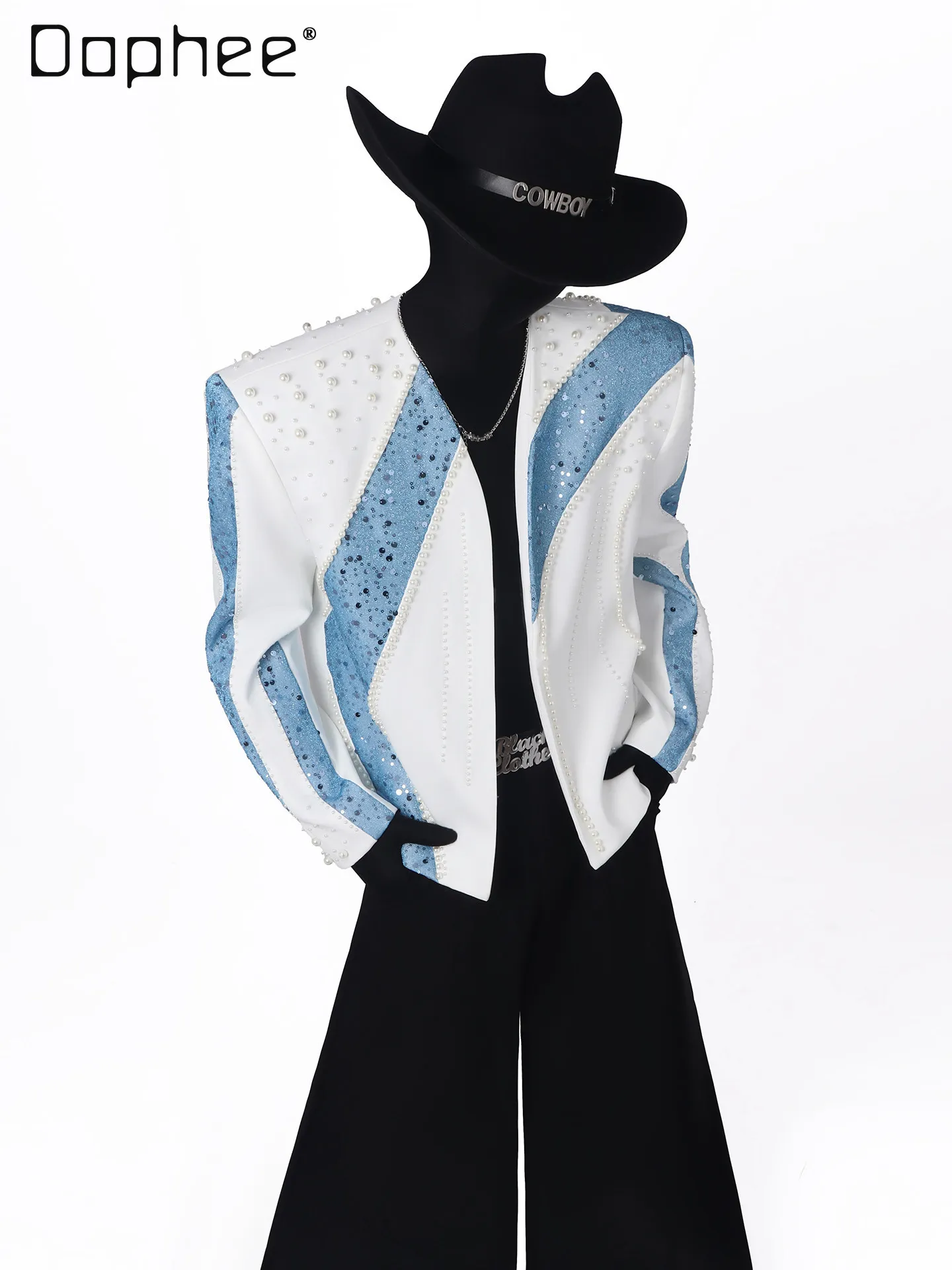 

Spring Autumn American Street Style Men's Pearl Sequin White and Blue Patchwork Design Motorcycle Performance PU Leather Jacket