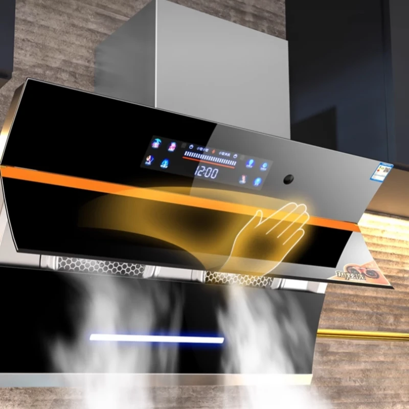 Chimney Range Hoods Smart Home Kitchen Extractor Wall-Mounted LED Vented Glass Panel AI Voice Control Dual Copper Motors