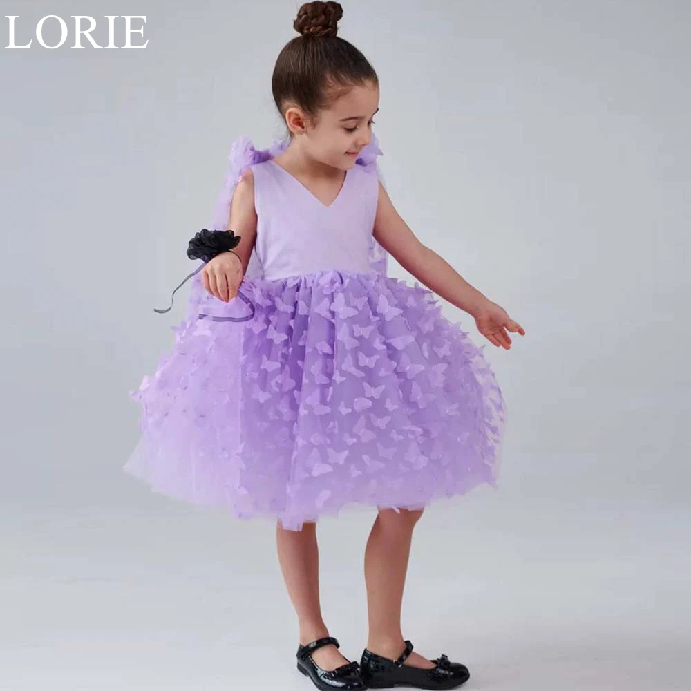 LORIE Cute Purple Flower Girl Dresses A-Line V-Neck Appliques Pleated Bow Wedding Party Dress Princess Birthday Dress Customized